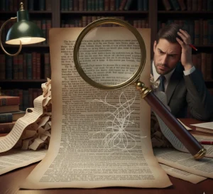 A man in a suit looks frustrated, holding his head, as he attempts to read a very long, crumpled legal document with a large magnifying glass resting on it. A messy desk with papers and books is in the background.