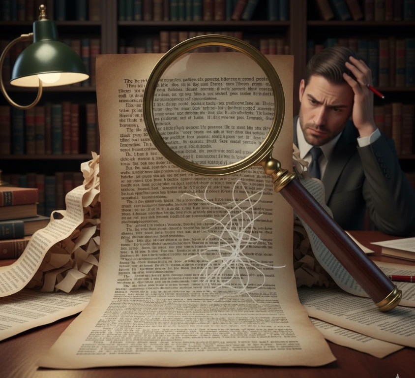 A man in a suit looks frustrated, holding his head, as he attempts to read a very long, crumpled legal document with a large magnifying glass resting on it. A messy desk with papers and books is in the background.
